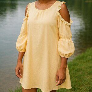 Custard Yellow Summer Garden Party Dress - Floral Applique Cold Shoulders size S